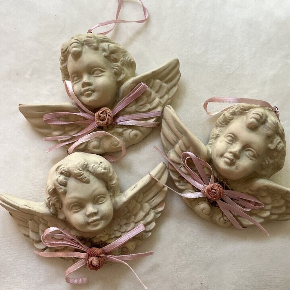 Vintage Victorian 3 Ceramic Bisque Angel’s Christmas Ornaments Shabby And Chic